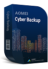 ACB-BOX - Ohjelmistot.fi Software box for AOMEI Cyber Backup featuring a blue city skyline design on the packaging title area.