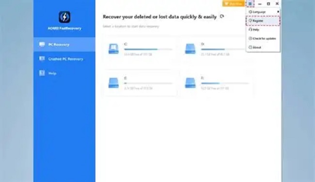 Screenshot of PC Recovery software dashboard with a blue left navigation panel and four drives labeled C:, D:, E:, F: on the main white area.