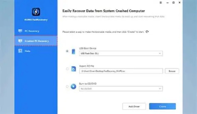 Screenshot of a data recovery software window titled 'Easily Recover Data from System Crashed Computer' showing USB flash drive, ISO file, and Burn to CD/DVD options with a blue left navigation panel.