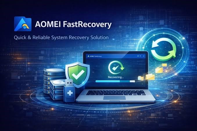 AOMEI FastRecovery branding with laptop showing a recovery progress bar, shield icon, and stacked servers as symbols of data recovery.
