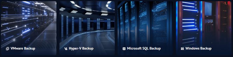 Four-panel banner illustrating backup solutions: VMware Backup, Hyper-V Backup, Microsoft SQL Backup, and Windows Backup.