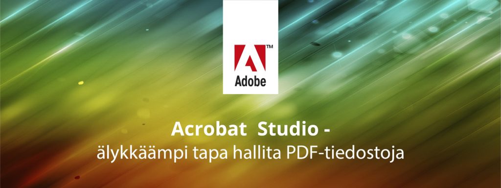 Adobe logo centered on a white vertical card over a diagonal multicolor gradient background with Finnish text 'Acrobat Studio - älykkäämpi tapa hallita PDF-tiedostoja'