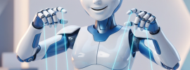 Aximmetry_Robot - Ohjelmistot.fi Friendly white-and-blue robot holds glowing strings that lift the cyan 'Aximmetry' logo in front of a bright, minimalist set.