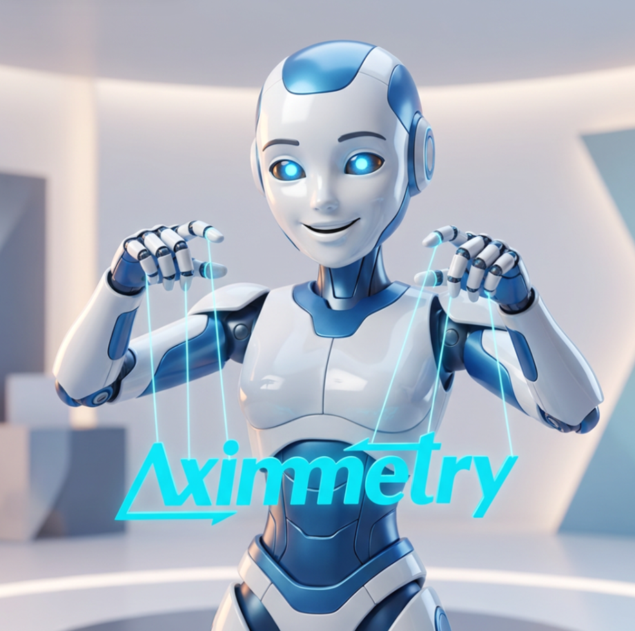 Friendly white-and-blue robot holds glowing strings that lift the cyan 'Aximmetry' logo in front of a bright, minimalist set.