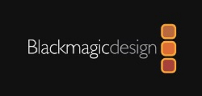 Blackmagic Design logo on a black background with three orange rounded-square icons to the right.