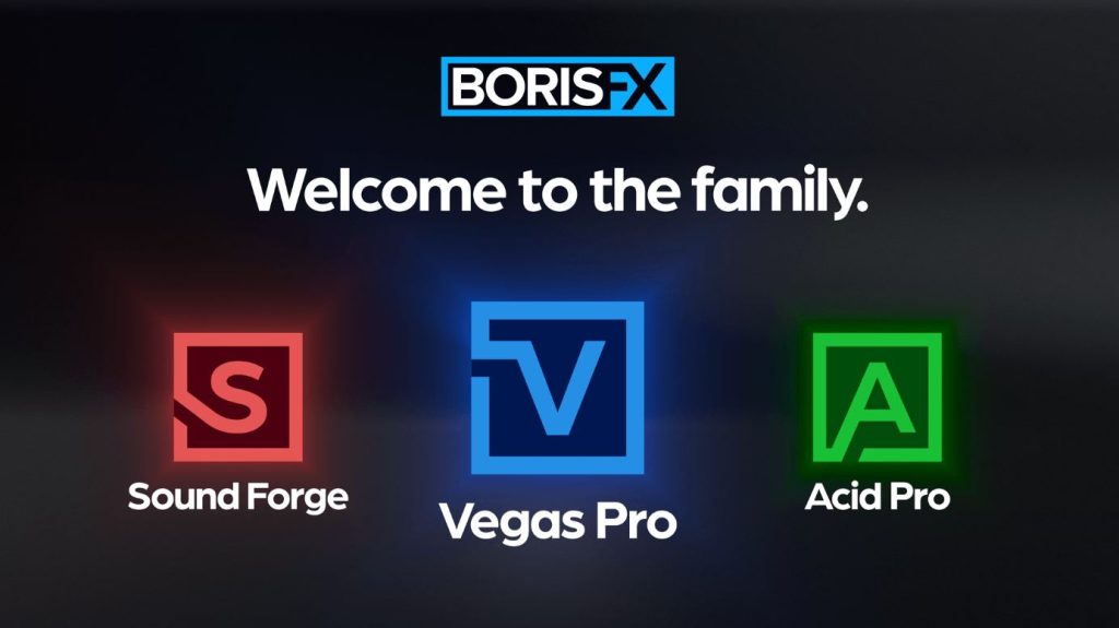 Boris FX welcome banner with three product logos: Sound Forge (red), Vegas Pro (blue), and Acid Pro (green).
