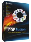 Corel_PDFFusion_box - Ohjelmistot.fi Boxed software package for PDF Fusion, featuring a globe made of folded paper icons on a fiery blue background.