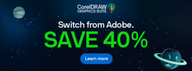 Promotional banner: CorelDRAW Graphics Suite, 'Switch from Adobe—SAVE 40%', blue Learn more button on a space-themed background.