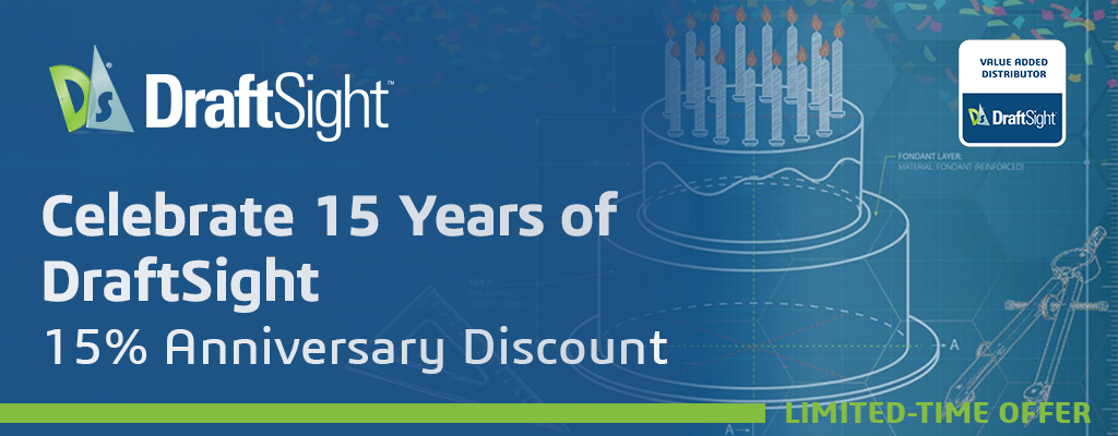 DraftSight 15th anniversary banner with a blue blueprint background, a candle cake, and a 15% discount offer.