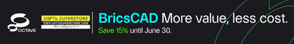 BricsCAD promotional banner: 'More value, less cost. Save 15% until June 30' with BricsCAD logo and partner logos.
