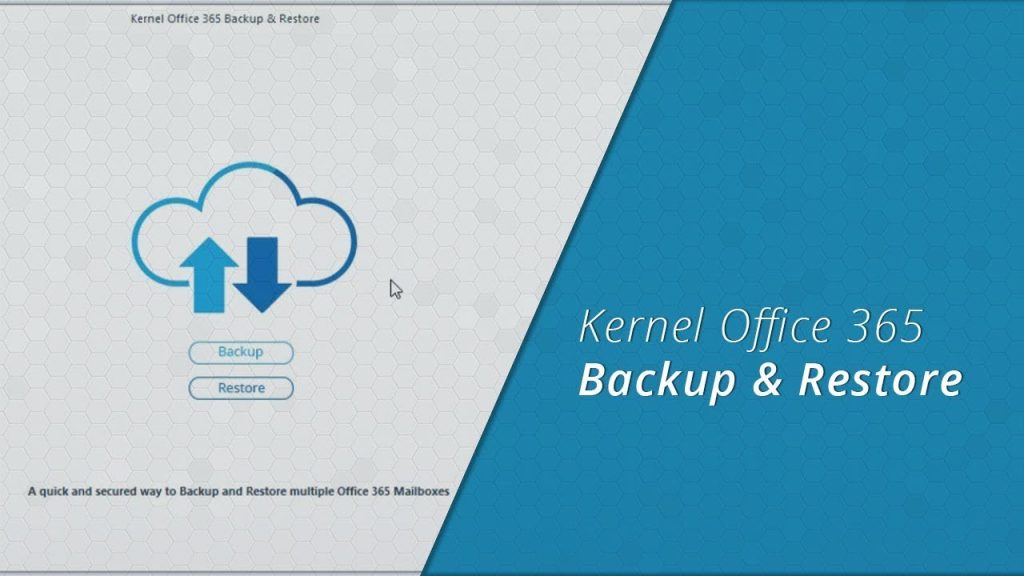 Cover image for Kernel Office 365 Backup & Restore: cloud with up/down arrows on a light left, blue angled panel on the right with the title.