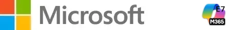 Microsoft logo featuring a multicolored Windows-style flag to the left and the word 'Microsoft' in gray text; a small E7 M365 badge appears on the right.