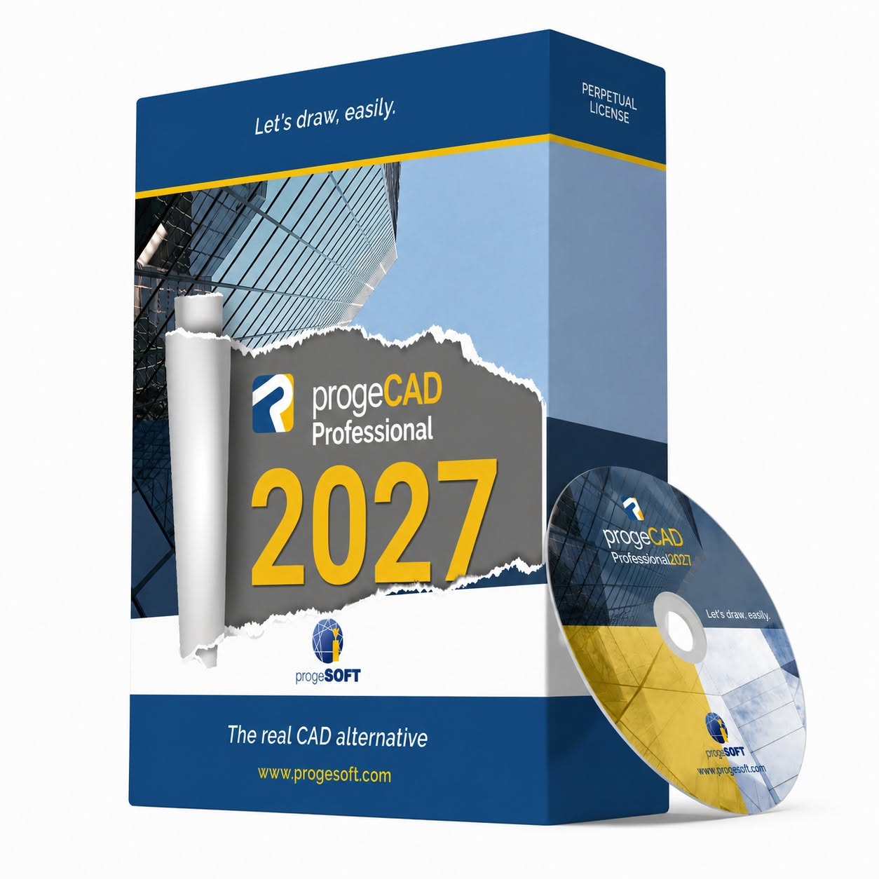 ProgeCAD Professional 2027 software box with a torn label revealing the 2027 logo and a CD beside it.