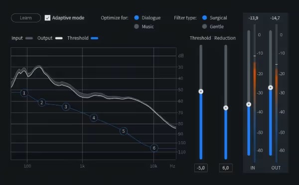 Dark audio EQ plugin UI with a white frequency response curve on a grid, blue threshold and reduction sliders, and IN/OUT dB meters; adaptive mode and various options visible.