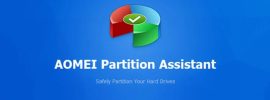 AOMEI Partition Assistant logo on a blue gradient background with a green checkmark and the subtitle 'Safely Partition Your Hard Drives'. 450x200 promo image