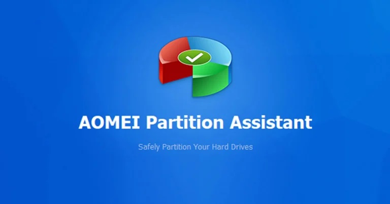 AOMEI Partition Assistant logo on a blue gradient background with a green checkmark and the subtitle 'Safely Partition Your Hard Drives'. 450x200 promo image
