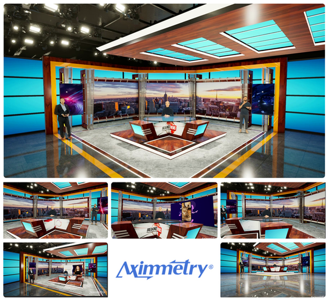 News studio set with three anchors at a central desk and large cityscape screens in the background, bright studio lighting above.