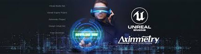 Futuristic banner of a person in a VR headset with holographic UI, a glowing 'DOWNLOAD NOW' button, and Unreal Engine and Aximmetry logos.