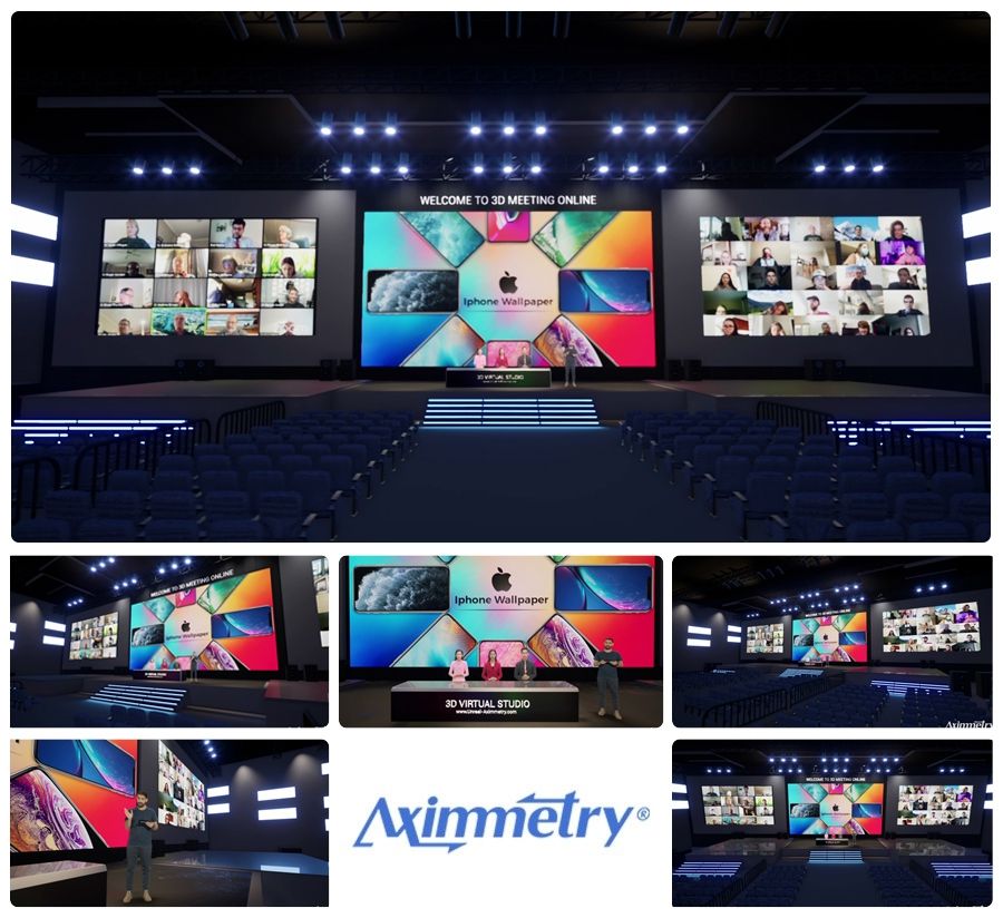 Wide shot of a large conference stage with side video walls and a bright central display reading 'iPhone Wallpaper' and 'Welcome to 3D Meeting Online' amid empty blue seating.