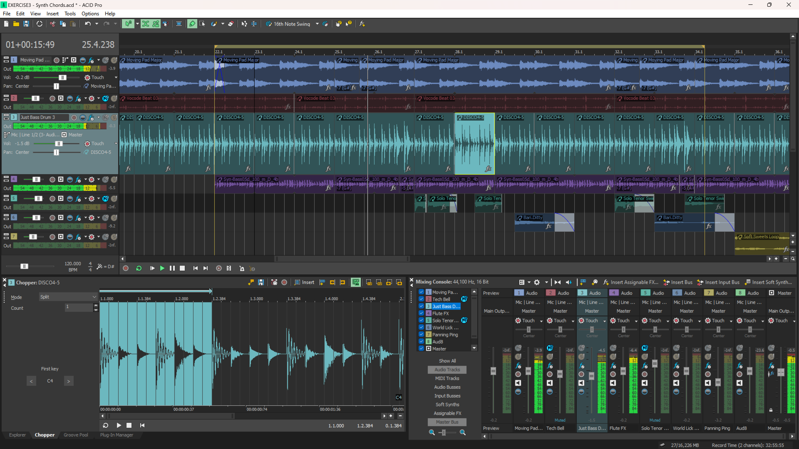 Multi-track music project in ACID Pro: blue pad/waveform sections on top, red percussion, teal bass and purple synth tracks, with a full mixer panel visible; playback cursor around 01:00.