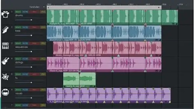 Screenshot of a DAW project with several colored audio tracks arranged on a timeline: drums (green), bass (blue), guitars (pink), vocals (purple), and arrangement blocks at various points.