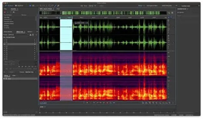 Audio editing workspace showing waveform and spectrogram tracks with a playback marker in a DAW