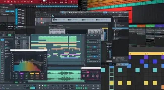 Screenshot of a digital audio workstation showing layered tracks, timelines, and transport controls for music production.