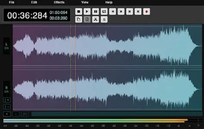 Screenshot of an audio editor showing two stacked waveform tracks with a vertical playhead, transport controls at the top, and a timeline/tick marks across.