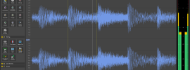 boris-fx-sound-forge - Ohjelmistot.fi Screenshot of an audio editing workspace showing two stereo tracks with blue waveforms, a timeline ruler, and a left panel of audio effects and tools.