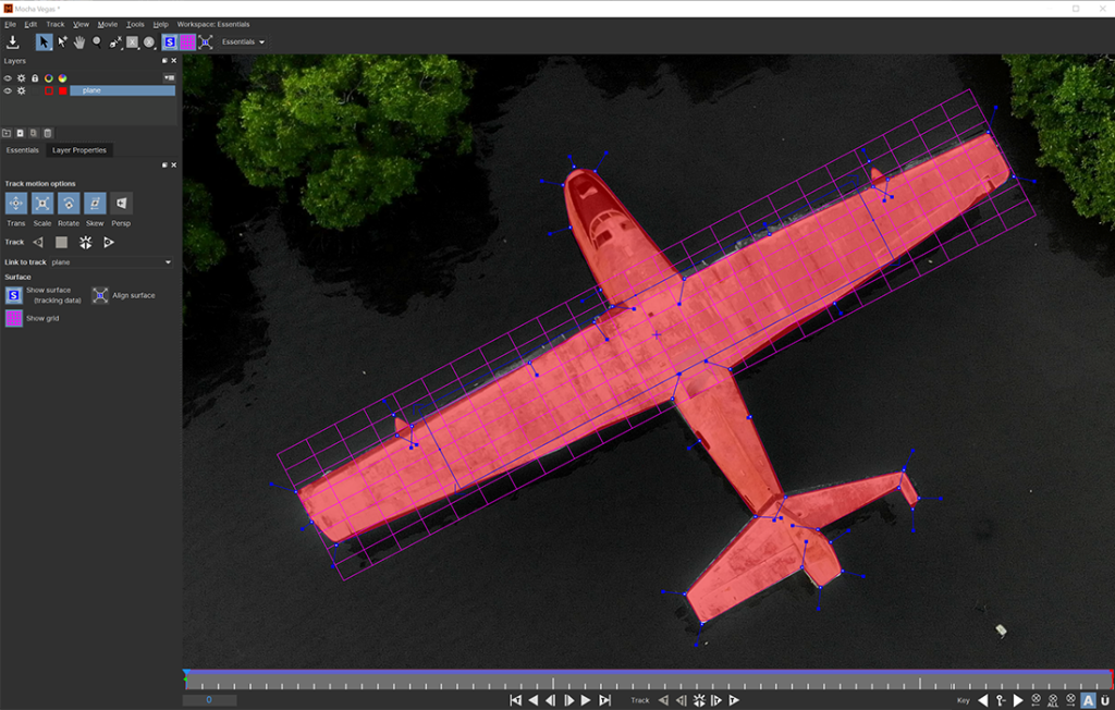 Screenshot of Mocha Pro interface showing a red airplane model with a purple tracking grid and blue feature points over dark water/background image.
