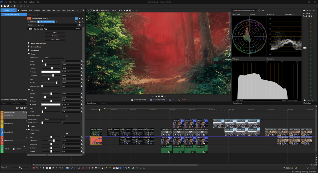 Video editing workspace showing Vegas Pro with a forest scene and a red smoke fog effect in the preview window, using BCC Smoke and Fog plugin.