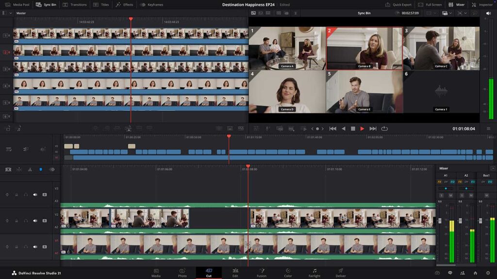 DaVinci Resolve editing screen showing the multi-camera viewer and a long timeline with multiple video and audio tracks.
