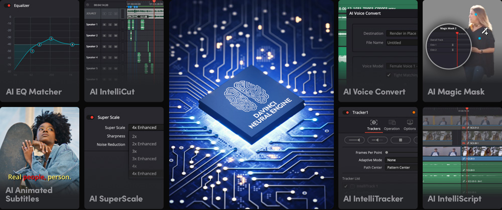 Collage showing AI-powered video tools around a central glowing circuit chip.