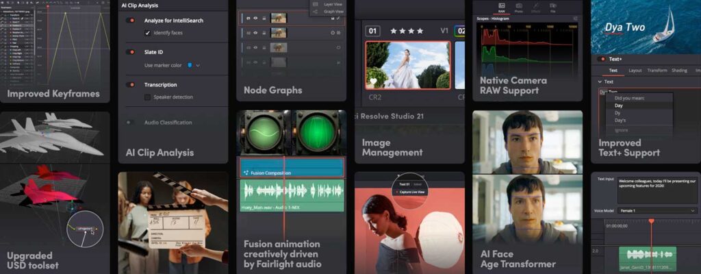 Collage of a video editing app UI showing AI tools, node graphs, audio, text options, and image management features for film production.