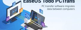 Banner for EaseUS Todo PCTrans: PC data transfer software transferring data between computers, shown with laptop, monitor, and cables.
