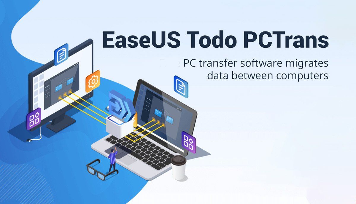 Banner for EaseUS Todo PCTrans: PC data transfer software transferring data between computers, shown with laptop, monitor, and cables.