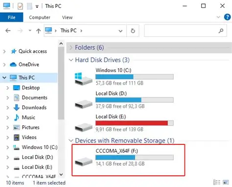 Windows File Explorer showing disk drives and usage bars: C:, D:, E: local disks with free space, and a removable drive F: labeled CCCOMA_X64F indicating 14.1 GB free of 28.8 GB.